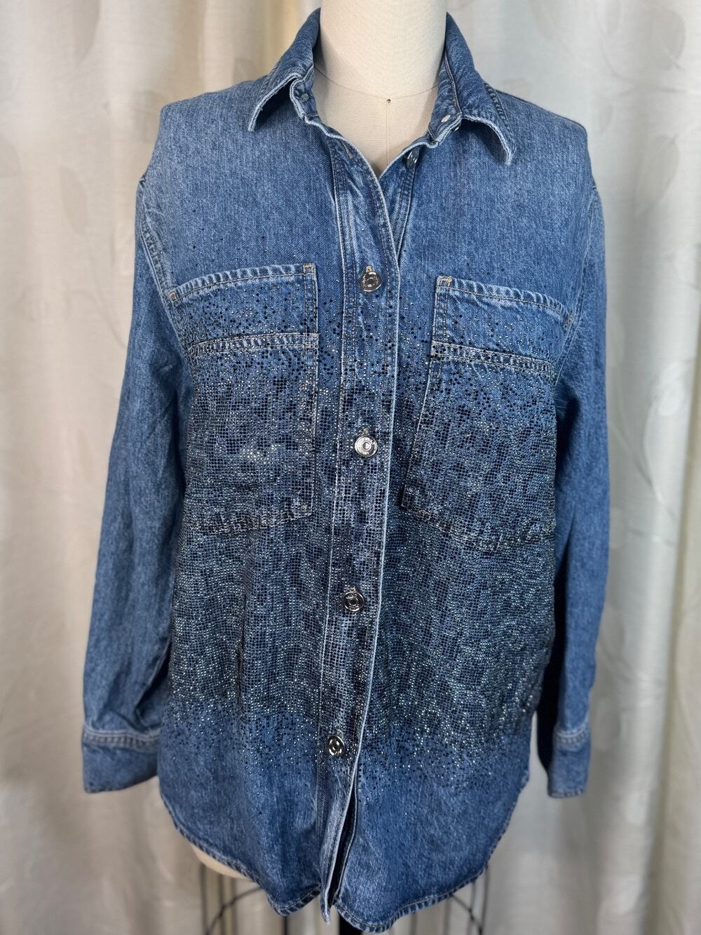 Liu Jo Milano Denim Button Down Shirt with Micro Crystals, Size S